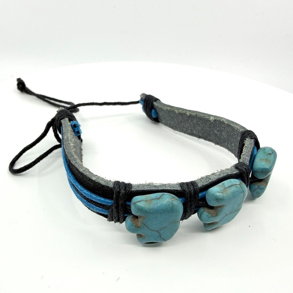 Vintage Boho Blue Elephant Bracelet Faux Leather Wrap Beaded‎ Surfer Statement